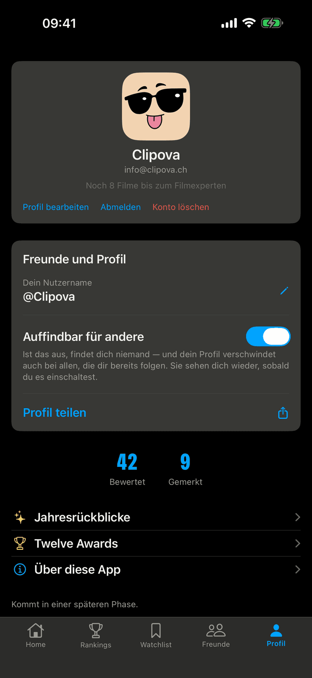 Das Profil in der TWELVE-App mit Avatar, Abzeichen und Statistik