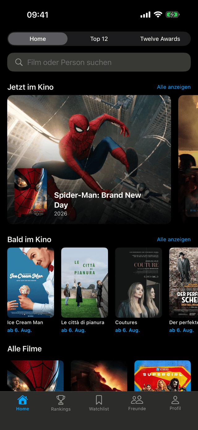Der Home-Screen der TWELVE-App mit Filmreihen nach Genre