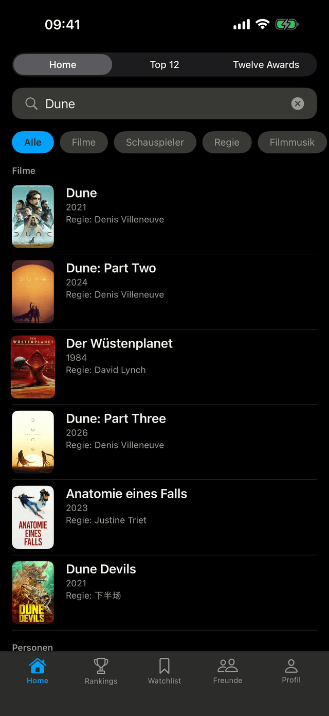 Die Suche in der TWELVE-App mit Filtern nach Filmen, Schauspiel, Regie und Musik